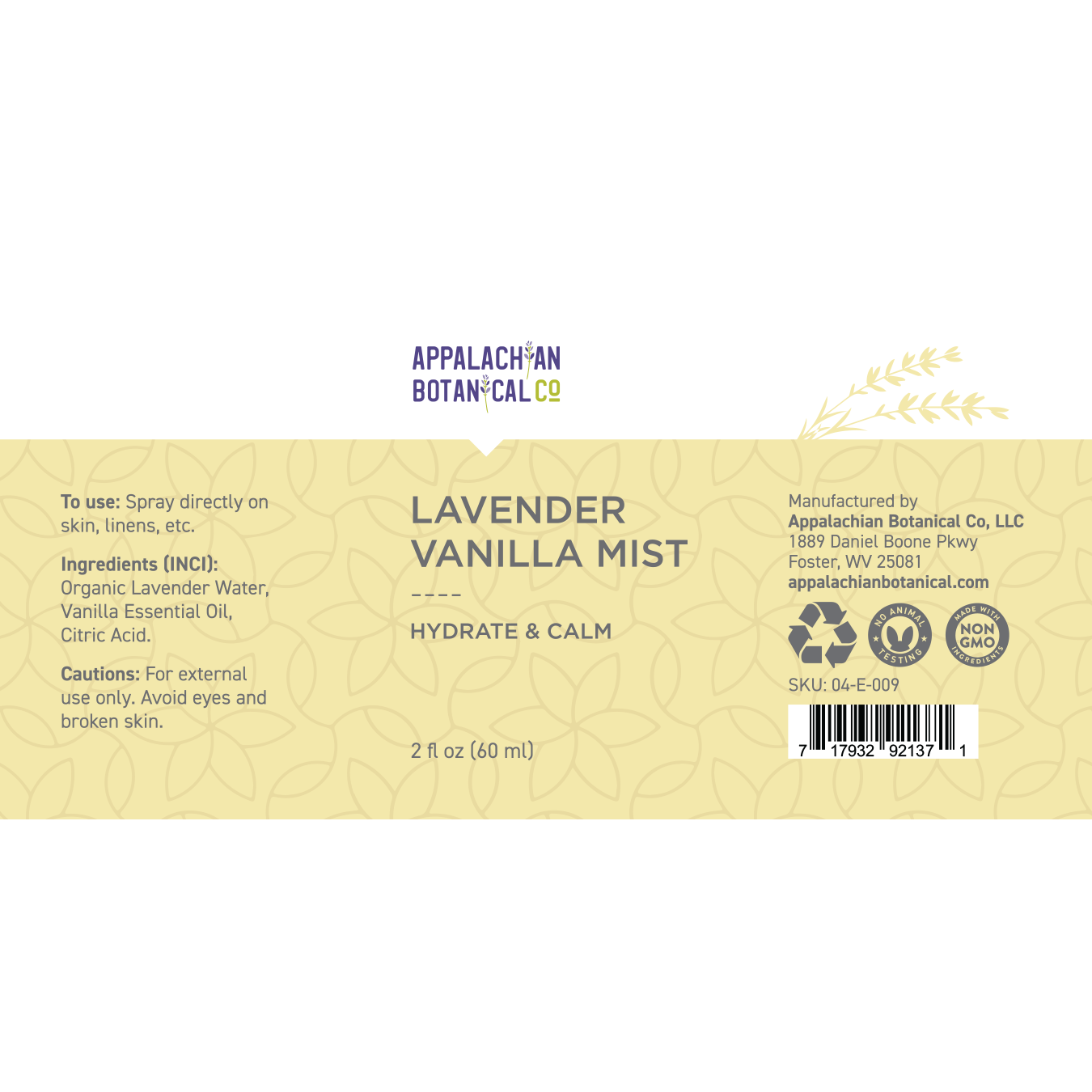 Lavender Vanilla Mist Appalachian Botanical Co.