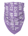 Front view of purple bandana with the shortened Appalachian Botanical logo printed repeatedly