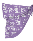 Side view of purple bandana with the shortened Appalachian Botanical logo printed repeatedly