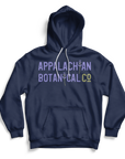 Navy hoodie with Appalachian Botanical logo printed in purple and green