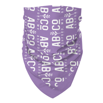 Front view of purple bandana with the shortened Appalachian Botanical logo printed repeatedly