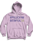 Lilac hoodie with the Appalachian Botancial logo printed in purple and green 