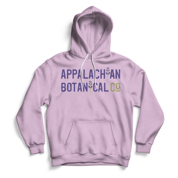 Lilac hoodie with the Appalachian Botancial logo printed in purple and green 