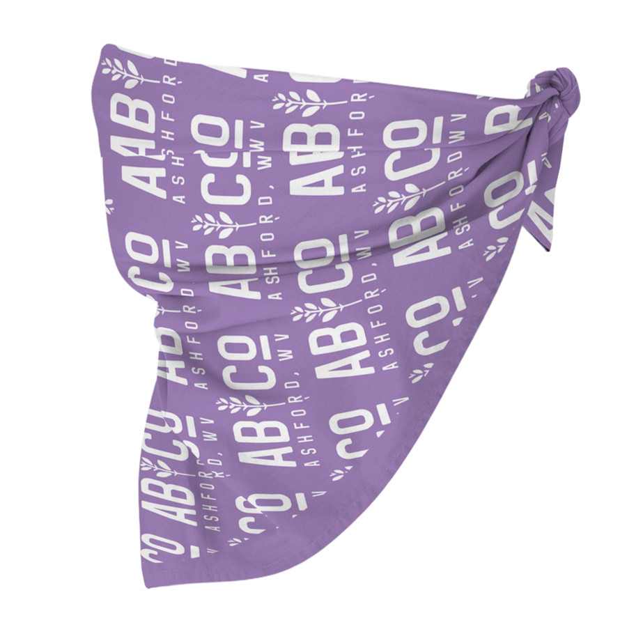 Side view of purple bandana with the shortened Appalachian Botanical logo printed repeatedly