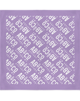 Full view of purple bandana with the shortened Appalachian Botanical logo printed repeatedly 